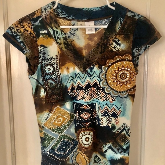 Forbidden Tee brown blue Princess shoulder cap sleeve sparkles beads size Large - Picture 2 of 11